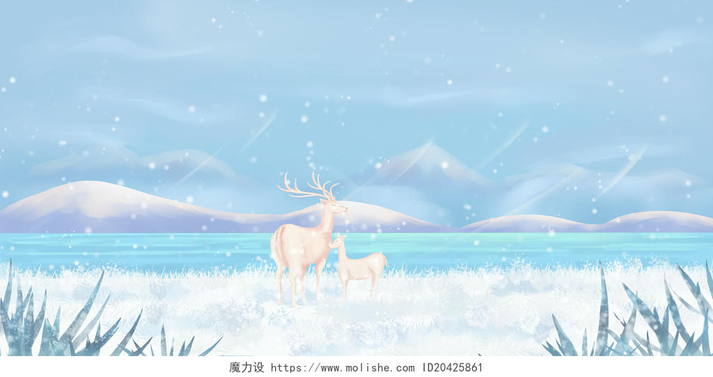 唯美手绘大雪节气冬天雪景风景插画背景